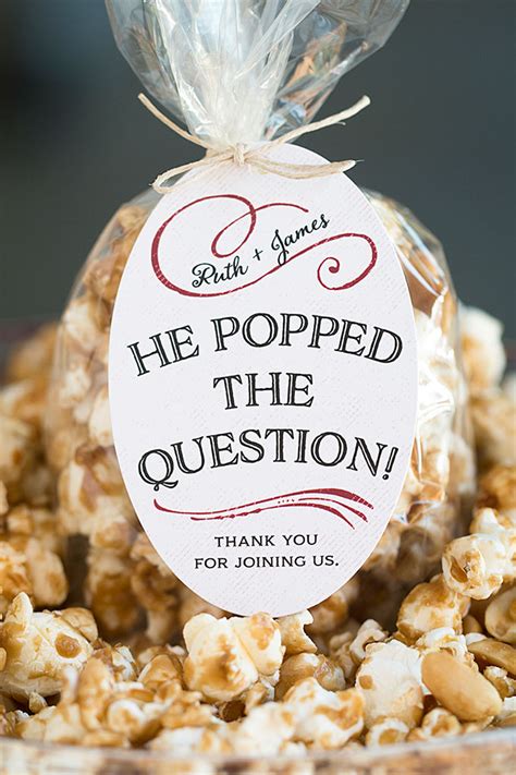 Typically, it's a gathering of friends and family if you popped the question during the colder season, celebrate that by planning a winter wonderland engagement party. Wedding Favor Friday: Caramel Corn - Wedding Inspiration