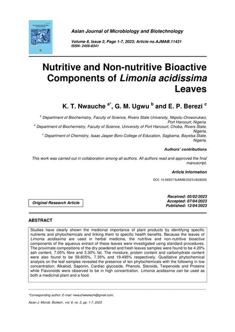 PDF Nutritive And Non Nutritive Bioactive Components Of Limonia