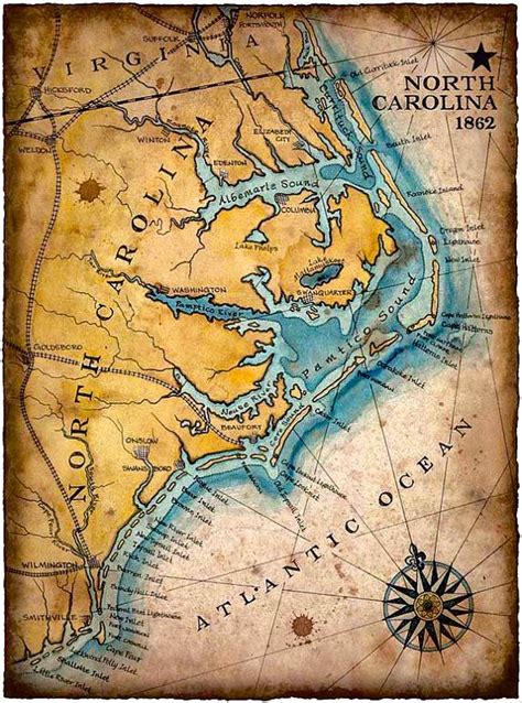 North Carolina Coast Map Art C1862 11 X 15 Hand Drawn Carolina Map