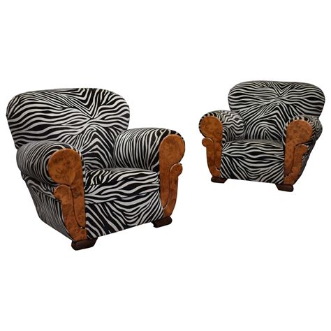 French Art Deco Lounge Club Chairs In Burl Wood And Zebra Velvet Circa