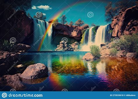 Peaceful Scenery Of Tranquil Waterfall With Rainbow And Clear Blue Sky