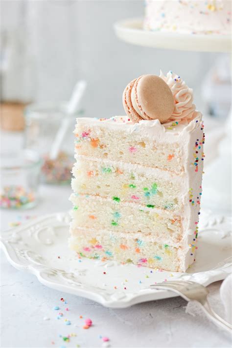 Funfetti Cake With Rainbow Sprinkles And Macarons Curly Girl Kitchen