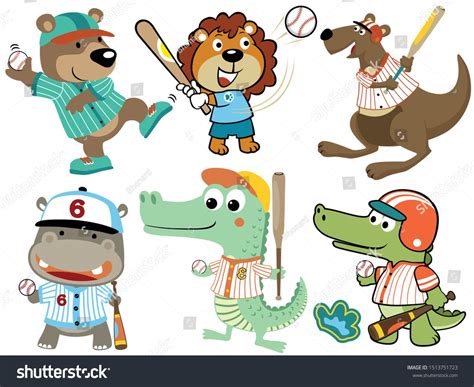 Set Of Funny Animals Cartoon Play Baseball Image Vector Cartoon