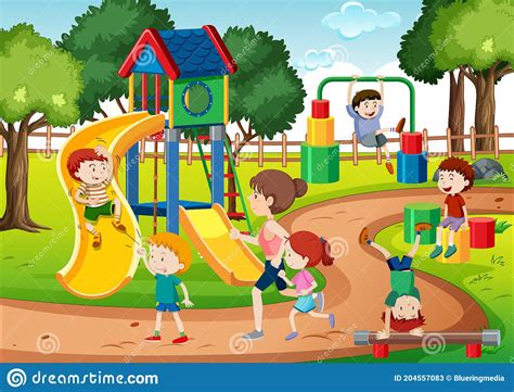 Children Playing In The Playground Scene Stock Vector Illustration Of