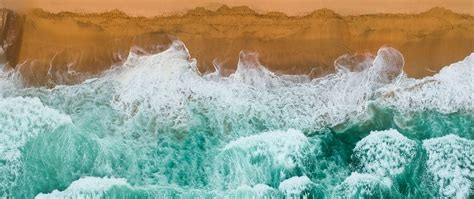 Download Wallpaper 2560x1080 Waves Beach Aerial View Water Sand