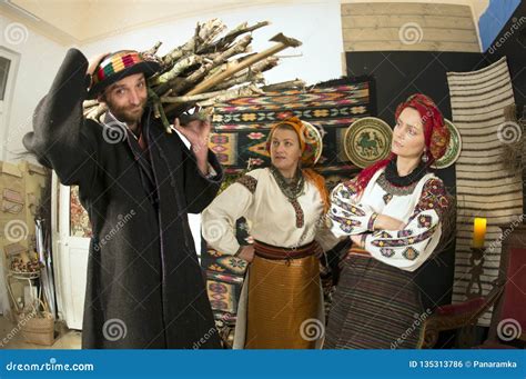 Highlanders Hutsuls In The Carpathians In Vintage Clothes Stock Photo