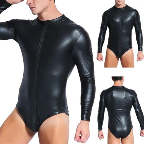 Mens Jockstrap Thong Bodysuit Leotard Faux Leather One Piece Jumpsuit