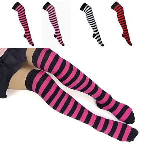 buy women girl useful stripe stripy striped over the knee thigh high stockings high quality long