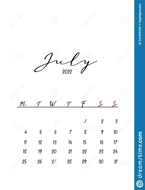 2022 Calendar July Stock Illustration Illustration Of Design 232559359