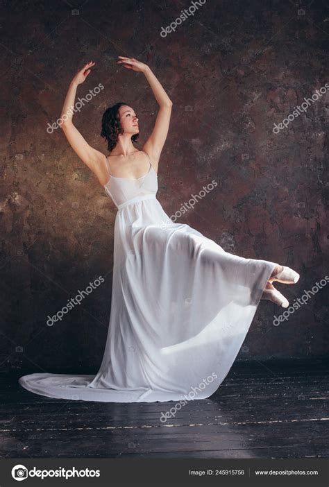 Ballet Dancer Ballerina Beautiful Thin Flying White Dress Posing Dark