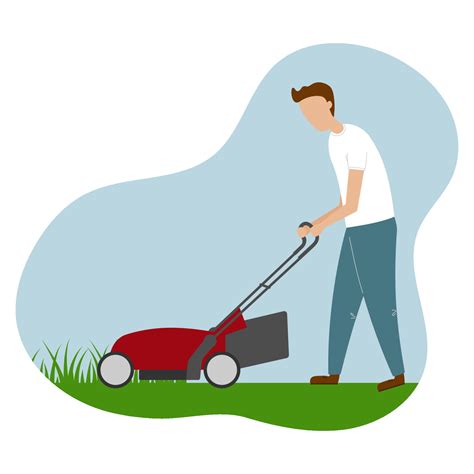 Man Cutting Grass In Garden Gardener Mowing Lawn With Electric Push