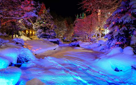 Whistler Village Christmas Winter Trees Garlands Psychedelic Wallpaper