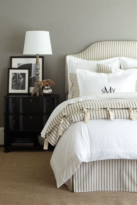 15 Anything But Boring Neutral Bedrooms Ticking Stripe Bedding