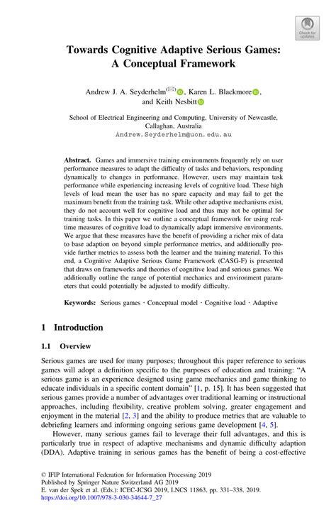 Pdf Towards Cognitive Adaptive Serious Games A Conceptual Framework