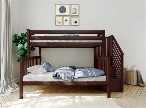 Max And Lily Espresso Twin Over Full Bunk Bed Staircase Solid Wood