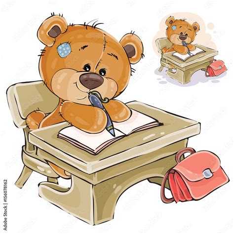 Vector Illustration Of A Brown Teddy Bear Sitting At The Student S Desk And Writing Something In