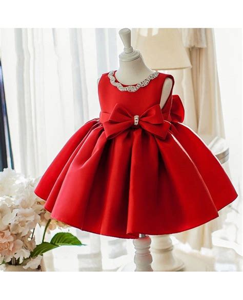 Simple Red Satin Elegant Flower Girl Dress With Big Bow For Wedding