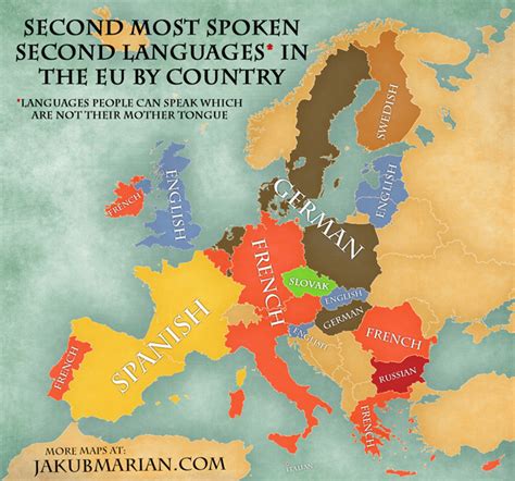 Map of the most spoken foreign languages in the EU by country
