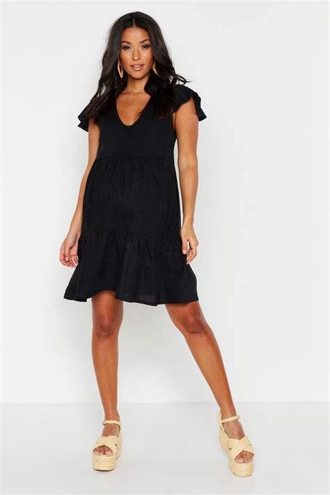 Boohoo Maternity Linen Frill Sleeve Smock Dress In Black Lyst