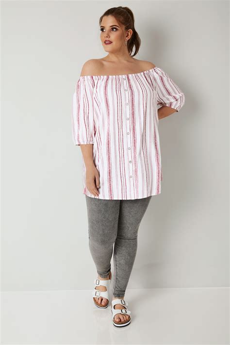 Red And White Striped Bardot Top With Mock Button Detail