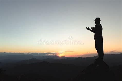 Man Praying At Sunset Mountains Concept Vacations Outdoor Harmony With