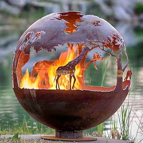 Globe Fire Gn Fb 108 Corten Sphere Firepit With Animal Patterns Gnee