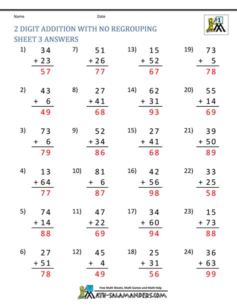 Add the numbers together starting with the ones place. 2 Digit Addition Without Regrouping