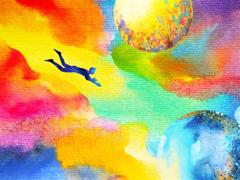 Man Flying In Abstract Colorful Dream Universe Illustration Watercolor