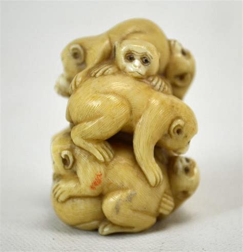 Five Antique Ivory Netsuke Carvings Of Monkeys