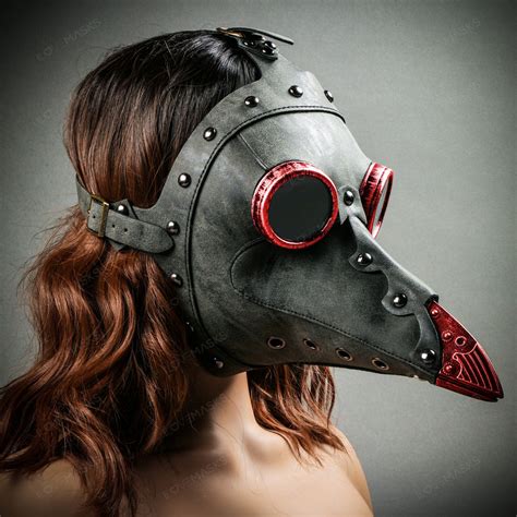 Steampunk Plague Doctor With Goggle Short Bird Beak Mask Grey Red