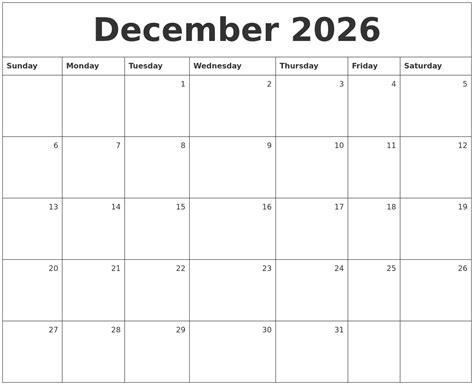 December 2026 Monthly Calendar