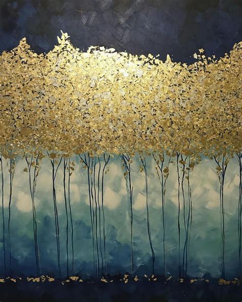 Gold Leaf Painting Blue Original Abstract Trees Painting Large Wall