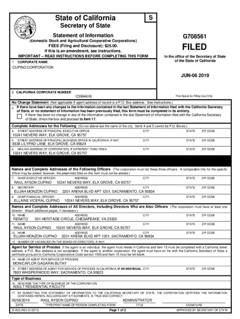 Fillable Online File Statement Of Information For California