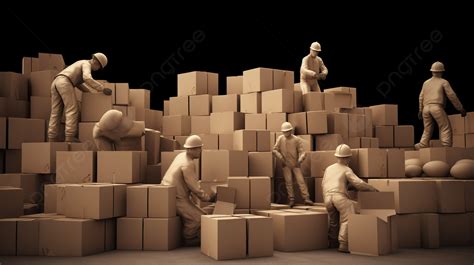 Four Workers Amidst A Towering Pile Of Cardboard Boxes In Stunning 3d
