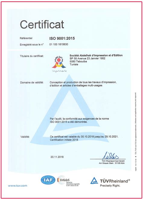 Certificat Iso 9001 2015 Rimess Swan Cartes