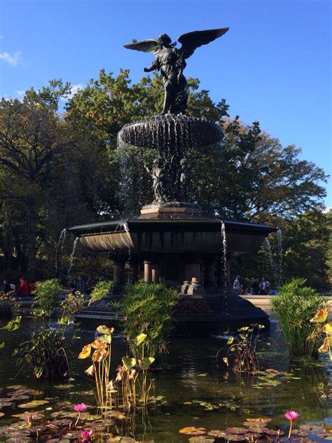 Bethesda Fountain With Angel Of The Waters Statue And Gorgeous Flowers