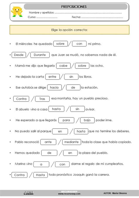 Preposiciones Elige la opción correcta Preposiciones Preposiciones español Actividades de