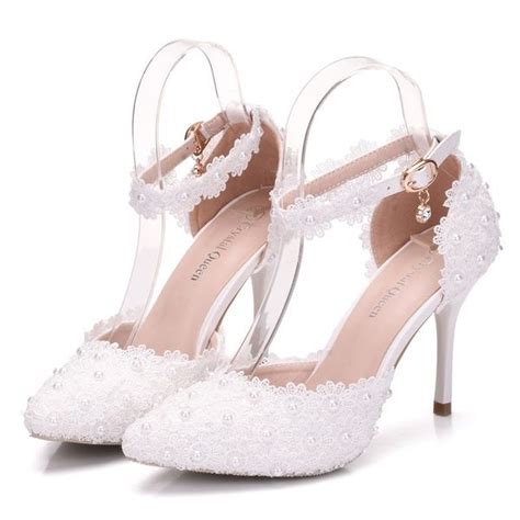 White Lace Wedding Shoes Women High Heels Thin Heels Pointed Toe Wedding Heels Wish Wedding