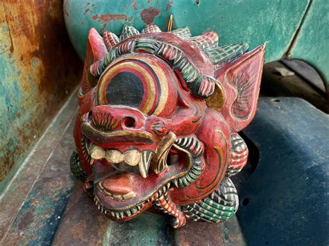 Vintage Hand Carved And Painted Balinese Wood Mask Barong Topeng Indonesia Mythological Folk Art