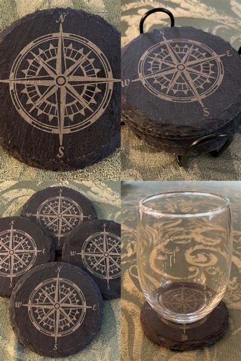 Set Of 4 Slate Coasters With Compass Engraving And Holder Handmade