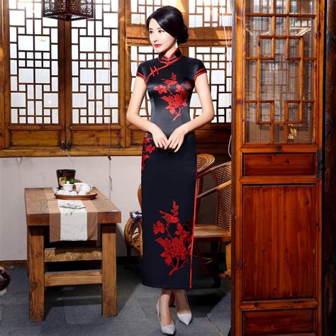 2017 Black Cheongsam Long Qipao Dress For Traditional Chinese Style Chinois Femme Modern