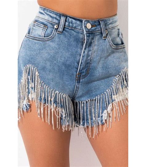 Fringe Denim Shorts In Strass