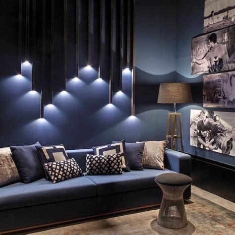 Geometrical 3d Lights Wall Installation Navy Blue Sofa Accent Wall