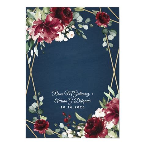 Navy Blue Burgundy Blush Pink Gold Floral Wedding Invitation Zazzle
