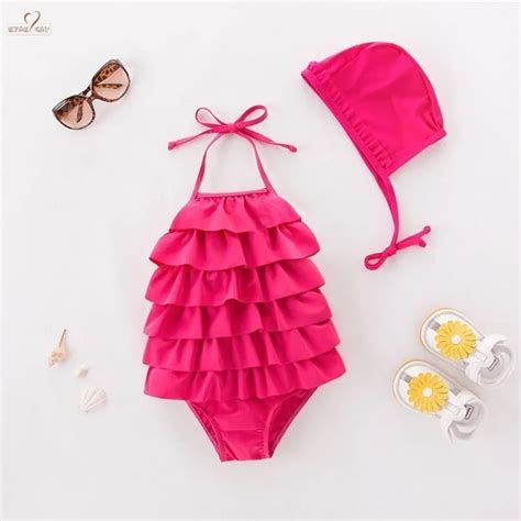 New Baby Girls Swimwear Swimsuit Pink Tiers Ruffles Halter Swimsuit Hat