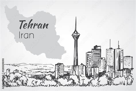 Tehran Cityscape Iran Sketch Isolated On White Background Stock