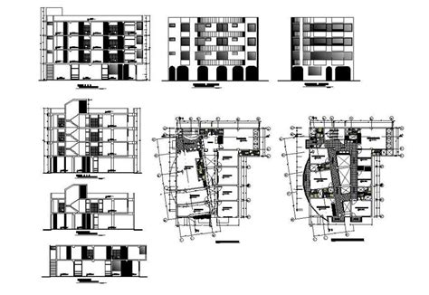 Floor Plan Of Storey Hotel Building With Elevation And Section In Dwg