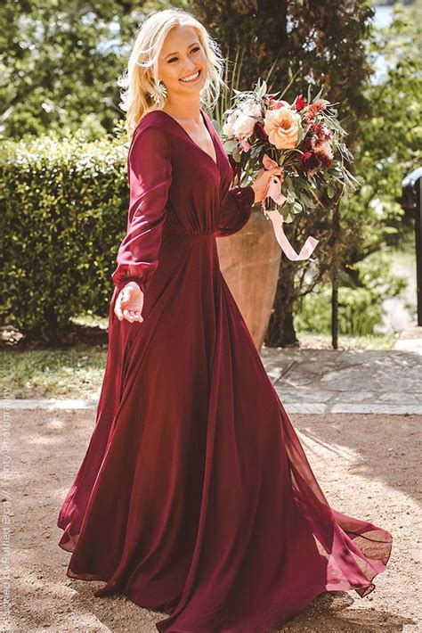 burgundy wine the perfect color for fall weddings long sleeve chiffon dress bridesmaid