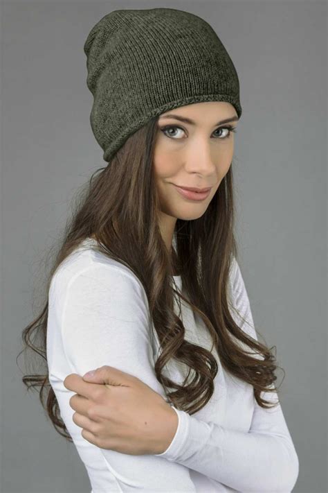 Pure Cashmere Plain Knitted Slouchy Beanie Hat In Army Green Italy In