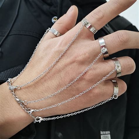 Silver Five Finger Hand Chain Ring Bracelet Connected Chain Ring